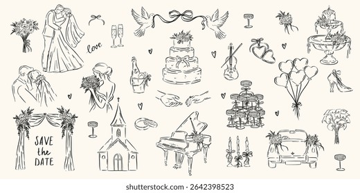 Hand drawn ink wedding elements collection. Bride and groom, decor, cake, florals, church, car for invitations, cards, menus. Whimsical romantic ceremony sketch style. Italian or french romantic style