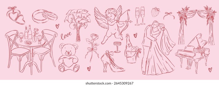 Hand drawn ink wedding romance doodles. Cupid, bouquet, champagne, high heels, piano, couple kiss for romantic love cards, decor, party prints. Whimsical pink sketch style.