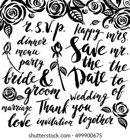 Hand drawn ink wedding set with rose flowers, decor elements and lettering. Save the date, leaves, buds, curves.