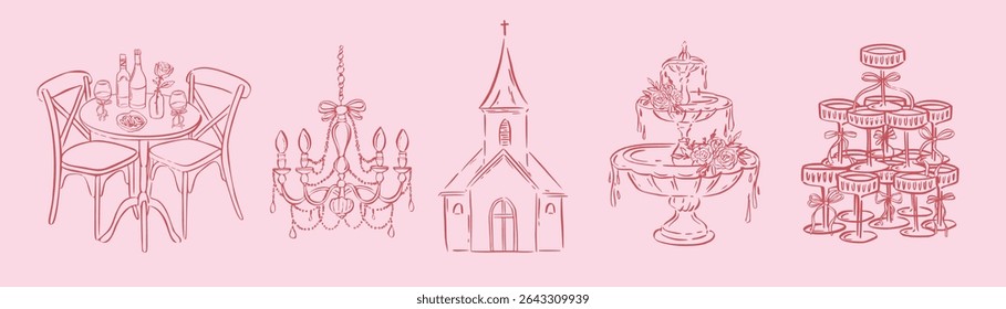 Hand drawn ink wedding venue icons. Romantic church, chandelier, table setting, cake, champagne tower for love story design, party menus, whimsical celebration cards.
