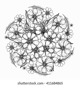 hand drawn ink wedding wreath with flowers and leaves. vector eps 10