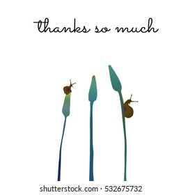 hand drawn ink wild plants with snails for a minimalistic square thank you card; thanks so much; vector illustration; graphic art