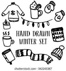 Hand drawn ink Winter cozy stuff set