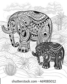 Hand drawn ink zentangle elephants for relax and meditation. Vector black and white illustration can be used for antistress coloring book for kids and adults.