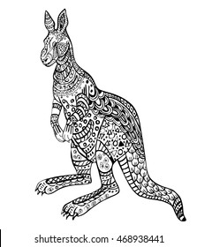 Hand drawn ink zentangle kangaroo for relax and meditation. Vector black and white illustration can be used for coloring book pages for kids and adults.