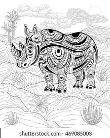 Hand drawn ink zentangle rhinoceros for relax and meditation. Vector black and white illustration can be used for antistress coloring book for kids and adults.