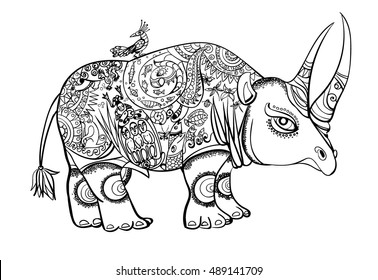 Hand drawn ink zentangle rhinoceros for relax and meditation. Vector pattern black and white illustration can be used for coloring book pages for kids and adults.