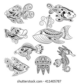 Hand drawn ink zentangle set with many fishes for relax and meditation. Vector pattern black and white illustration can be used for coloring book pages for kids and adults.