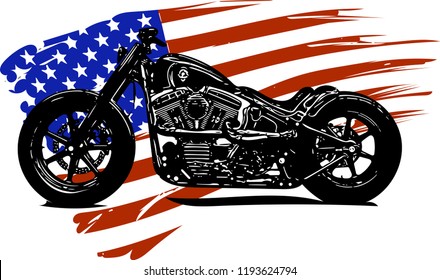 Hand drawn and inked vintage American chopper motorcycle with american flag