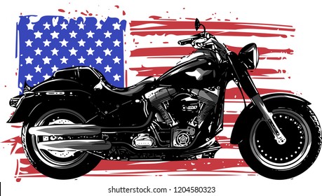 Hand drawn and inked vintage American chopper motorcycle with american flag