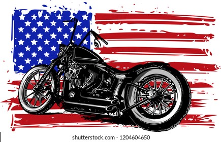 Hand drawn and inked vintage American chopper motorcycle with american flag