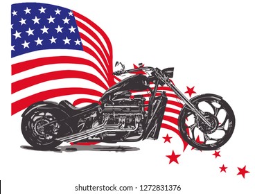 Hand drawn and inked vintage American chopper motorcycle with american flag