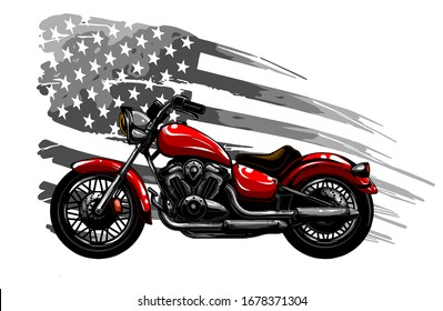 Hand drawn and inked vintage American chopper motorcycle with american flag