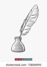 Hand drawn inkstand and feather. Template for your design works. Engraved style vector illustration.