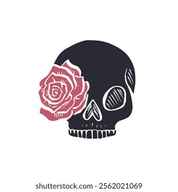 Hand drawn inky floral human skull with rose in the eye silhouette isolated on white background. Doodle skeleton head with flower tattoo design.