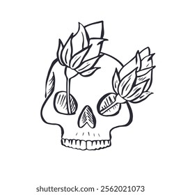 Hand drawn inky floral human skull with rose in the eye sketch isolated on white background. Doodle skeleton head with flower tattoo design.