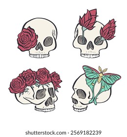 Hand drawn inky floral human skull with rose in the eye sketches set isolated on white background. Doodle skeleton head with flower and butterfly tattoo designs bundle