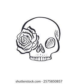 Hand drawn inky floral human skull with rose in the eye sketch isolated on white background. Doodle skeleton head with flower tattoo design.