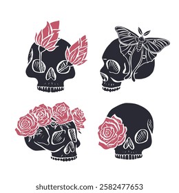 Hand drawn inky floral human skull with rose in the eye silhouettes set isolated on white background. Doodle skeleton head with flower and butterfly tattoo designs bundle