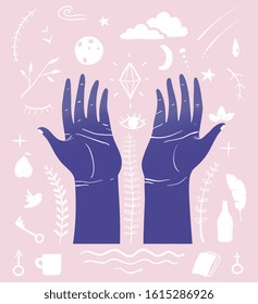 Hand drawn inky hands raised for peace and meditation with many esoteric doodle symbols. Silhouette of hands raised up, magic occult astrology and mysticism nature symbols. Hand drawn print design.