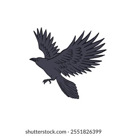 Hand drawn inky sketch style raven or crow isolated on white background. Mystic bird flying