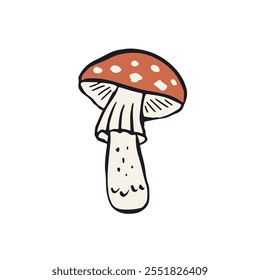 Hand drawn inky sketch style amanita mushroom. Poisonous fungy doodle