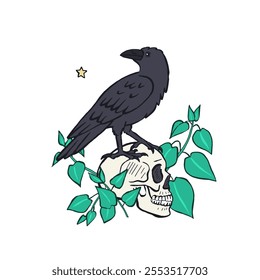 Hand drawn inky sketch style raven or crow sitting on human skull isolated on white background. Mystic black bird and head bone Halloween design