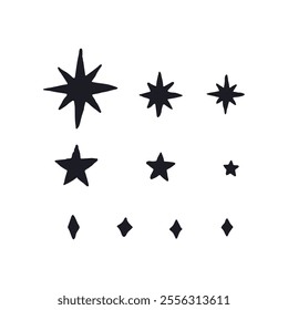 Hand drawn inky sketch style monochrome doodle stars silhouettes set isolated on white background