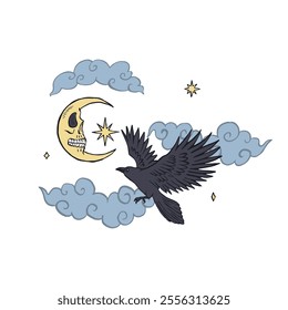 Hand drawn inky sketch style raven or crow isolated on white background. Mystic bird flying in night sky with crescent moon and clouds