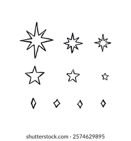 Hand drawn inky sketch style monochrome doodle stars silhouettes set isolated on white background