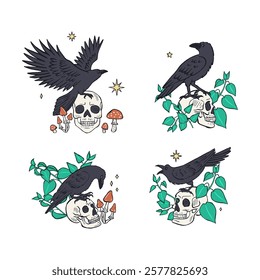 Hand drawn inky sketch style ravens or crows sitting on human skulls set isolated on white background. Mystic black bird and head bone Halloween design