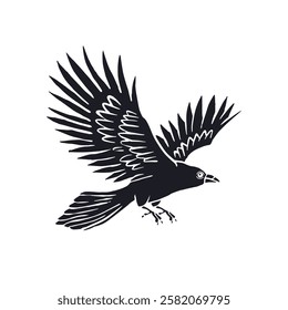 Hand drawn inky sketch style raven or crow isolated on white background. Mystic black and white bird flying