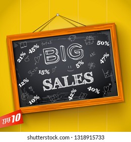 Hand drawn inscription big sales discounts and educational elements on school blackboard with wooden frame vector illustration