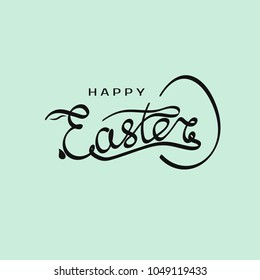 Hand drawn inscription Happy Easter with rabbit silhouette in letter E and egg template. Vector illustration for design headline, banner and postcard
