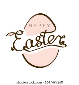 Hand drawn inscription Happy Easter with rabbit silhouette in letter E and egg template. illustration for design headline, banner and postcard. Vector