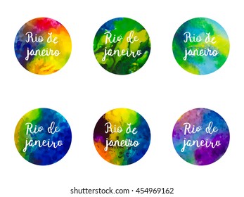 Hand drawn Inscription Rio de Janeiro Brazil vacation on a background watercolor stains,colors of the Brazilian flag, Brazil Carnival,watercolor paints. Summer, ink color. Vector illustraion. 