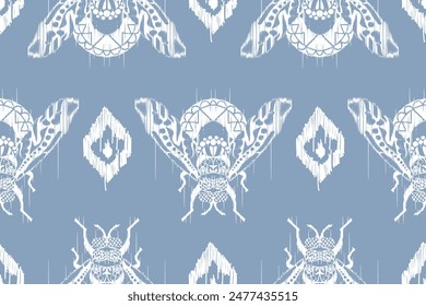 Hand drawn insect ikat oriental ethnic seamless pattern traditional on background. Design for ikat pattern  carpet, wallpaper, clothing, wrapping, batik, ikat fabric, illustration embroidery style.