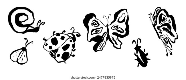 Hand drawn insects, butterfly, ladybug, snail, bug, line art, organic shapes, vector illustration