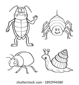 Colección Insects dibujada a mano, página Colorante para niños, ilustración de contorno vectorial con ejemplo de color. Concepto de libro de colorantes - Ilustración vectorial