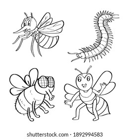 Hand drawn Insects collection, Coloring page for kids, Vector outline illustration with colored example. Coloring Book  concept - Vector Illlustration
