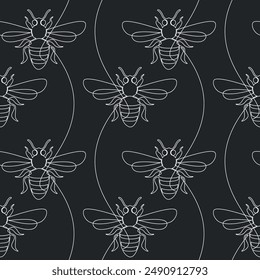 Hand drawn insects vector seamless pattern. Abstract wildlife illustration. Outline fly backdrop. Line continuous wasp drawing, black white wallpaper, cartoon background, fabric, textile print.