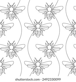 Los insectos dibujados a mano Vector sin patrón. Ilustración Abstractas de la fauna. Telón de fondo de mosca. Línea de dibujo continuo de avispa, Fondo de pantalla blanco negro, fondo de dibujos animados, tela, impresión textil.