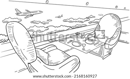Hand Drawn Inside Airplane View. Aircraft interior. Retro Vintage Style Plane Interior. Business Class Plane Interior. 