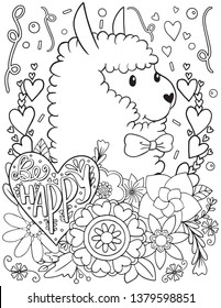 Hand drawn with inspiration word. Be Happy font with cute alpaca and flowers element for Valentine's day or Greeting Cards.Coloring for adult and kids. Vector Illustration