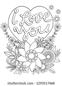 Hand drawn with inspiration word. Doodles art with flowers element for Valentine's day or Love Cards. Coloring for adult and kids. Vector Illustration