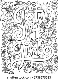 Mano dibujada con palabras inspiradoras. Obtén tipografía chica con elementos florales para San Valentín o tarjetas de felicitación. Libro de Colores para adultos y niños. Ilustración vectorial.