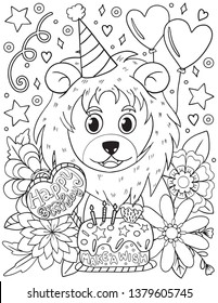 Hand drawn with inspiration word. Happy Birthday-make a wish font. Cute Lion with cake and flowers element for Valentine's day or Greeting Cards. Coloring for adult and kids. Vector Illustration