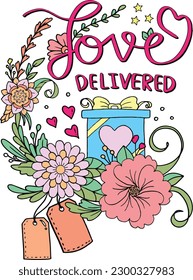 Hand drawn with inspiration word. Love delivered font with gift, tag, heart and flowers element for Valentine's day or Greeting Cards.Coloring for adult and kids. Vector Illustration.