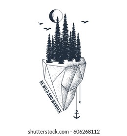 Hand drawn inspirational badge and textured forest vector illustration   