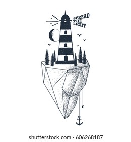Hand drawn inspirational badge with textured lighthouse vector illustration and "Spread the light" lettering.
